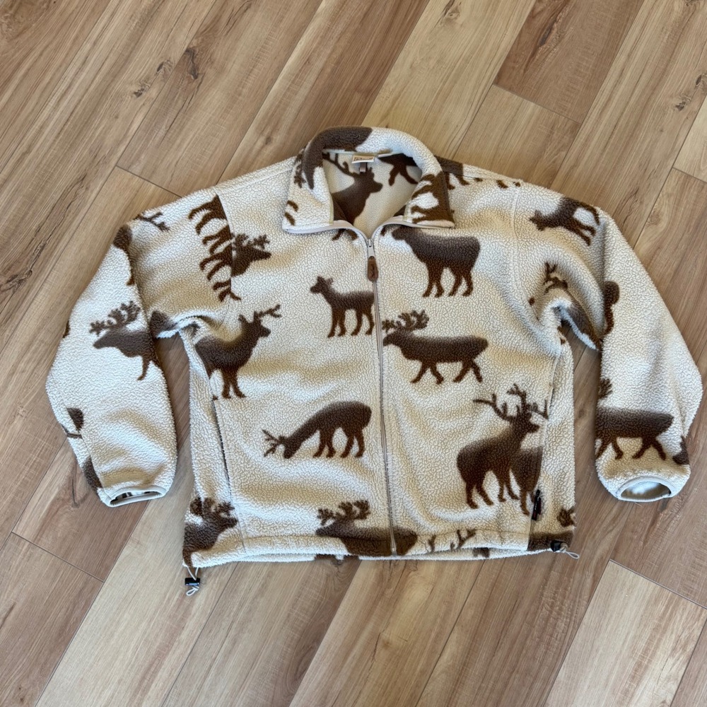 Woolrich Mens Wildlife Deer Moose Sherpa Fleece Jacket Full Zip Cream Brown L
